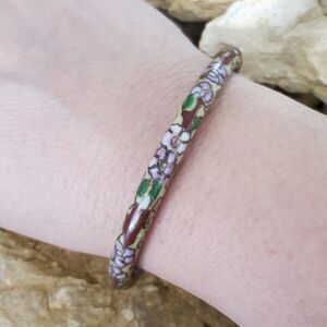 Vintage Floral Cloisonne Enamel Bangle Bracelet Cream Pink Flowers Gold Details